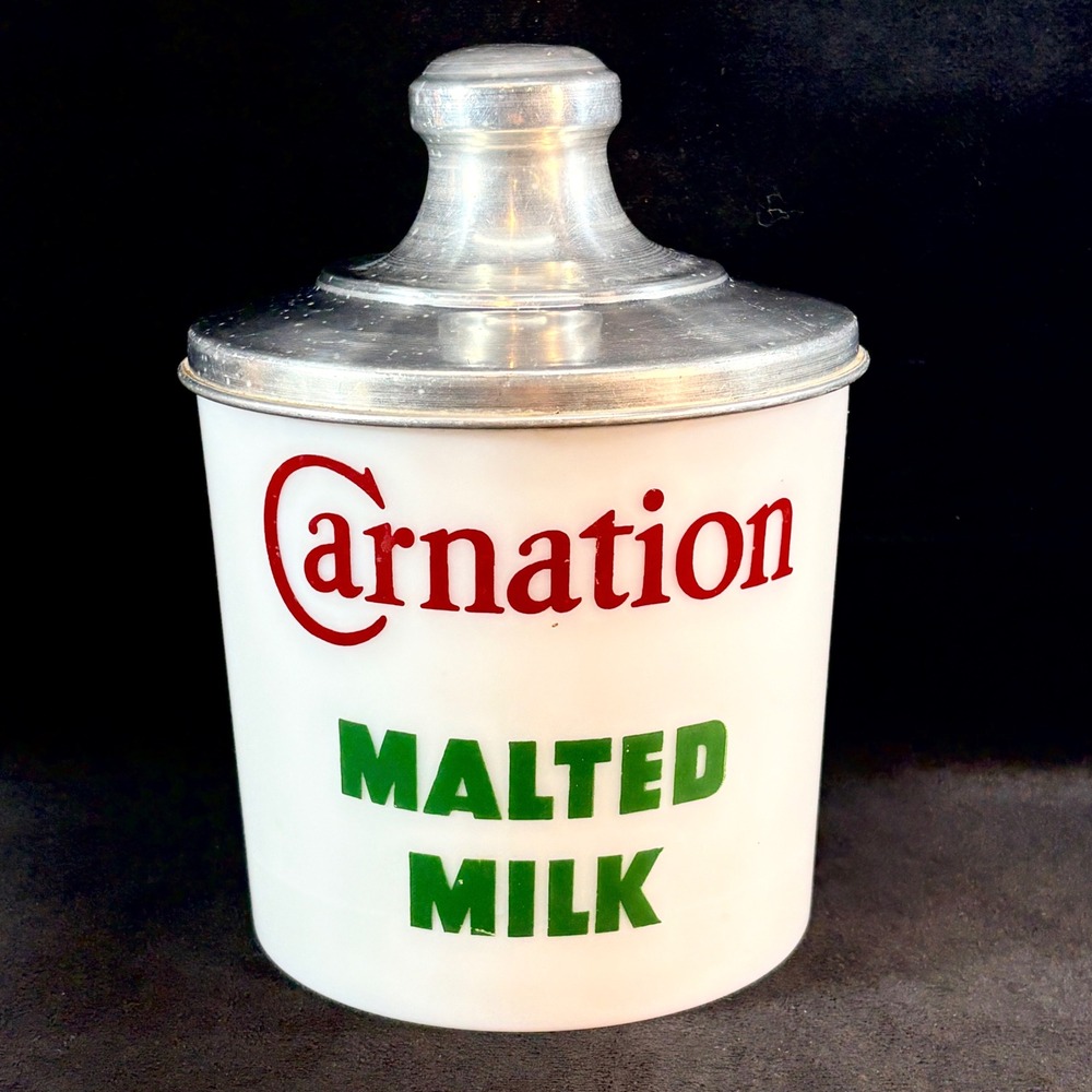 Vintage Carnation Malted Milk Glass Canister with Aluminum Lid White Retro Decor